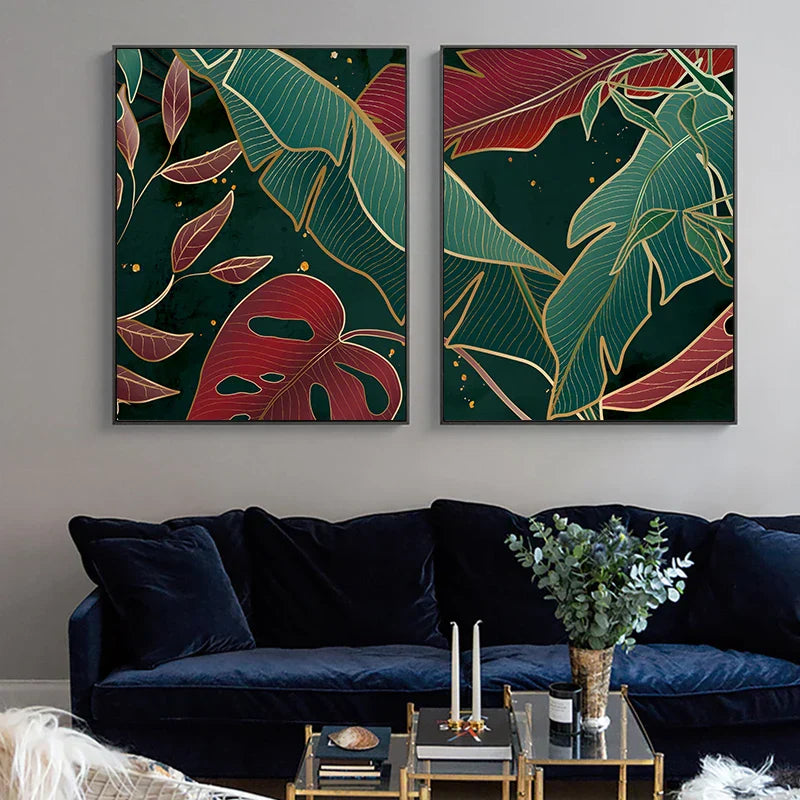 Moderne abstrakte tropische Botanik Wandkunst Fine Art Leinwanddrucke Rote grüne Palmenblätter Poster Bilder für Wohnzimmer Hotelzimmer Dekoration | Brehn