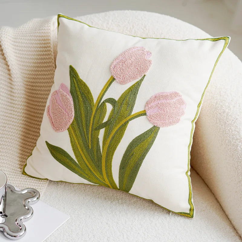 Grüner & Pink Tulpe Bestickter Kissenbezug | Brehn