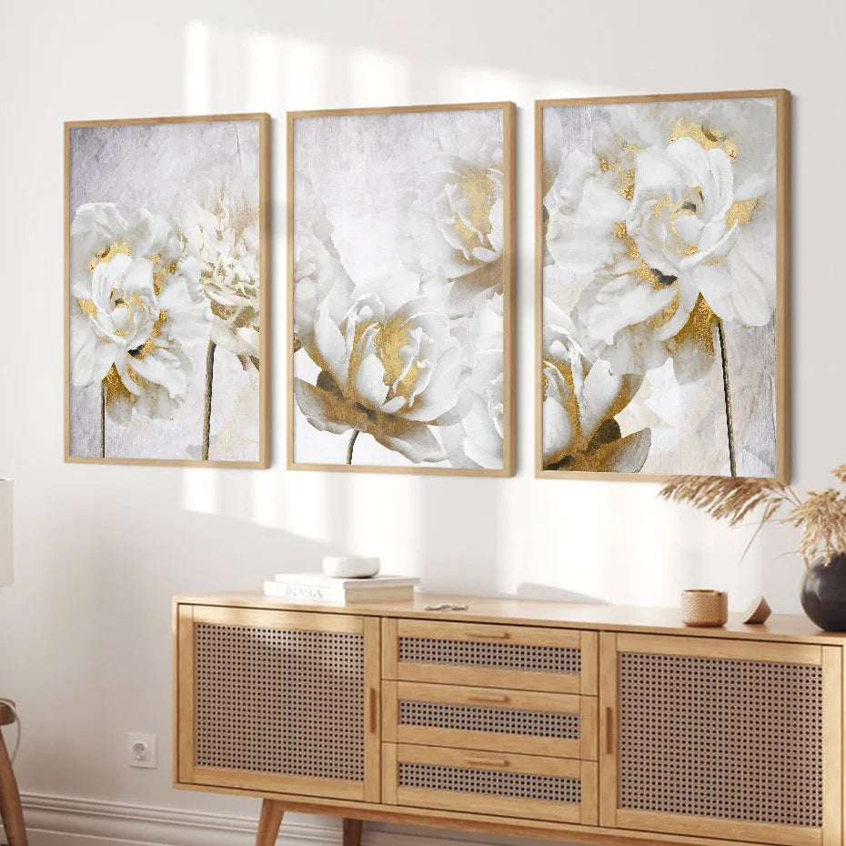 Opulente Blüten Elegante Weiße Blumen mit Goldakzenten Leinwand Wandkunst Feine Kunstleinwand Drucke Poster Florale Bilder Für Modernes Wohnzimmer | Brehn