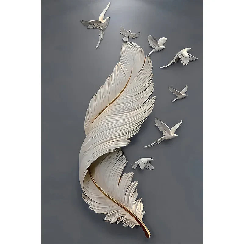 Sieben Vögel Feder Wandkunst Fine Art Leinwanddrucke 3D Visualisierung Minimalistische abstrakte Bilder für Wohnzimmer Eingang, Foyer Kunst Dekor | Brehn