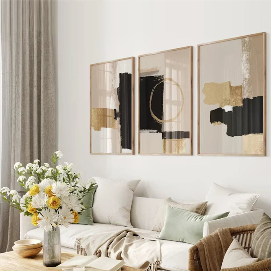 Schwarz Beige Gold Farbblock Abstrakte Wandkunst Fine Art Leinwanddrucke Moderne Bilder Für Wohnzimmer Schlafzimmer Zeitgenössische Inneneinrichtung | Brehn