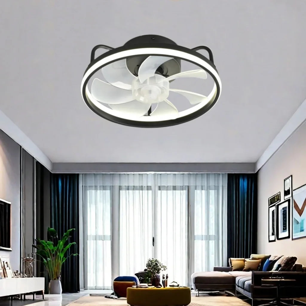 Moderner LED-Deckenventilator mit DC-Motor - 6 Geschwindigkeiten, Timer, Niedrigboden-Dachventilator, Fernbedienung Dekorative Beleuchtung | Brehn