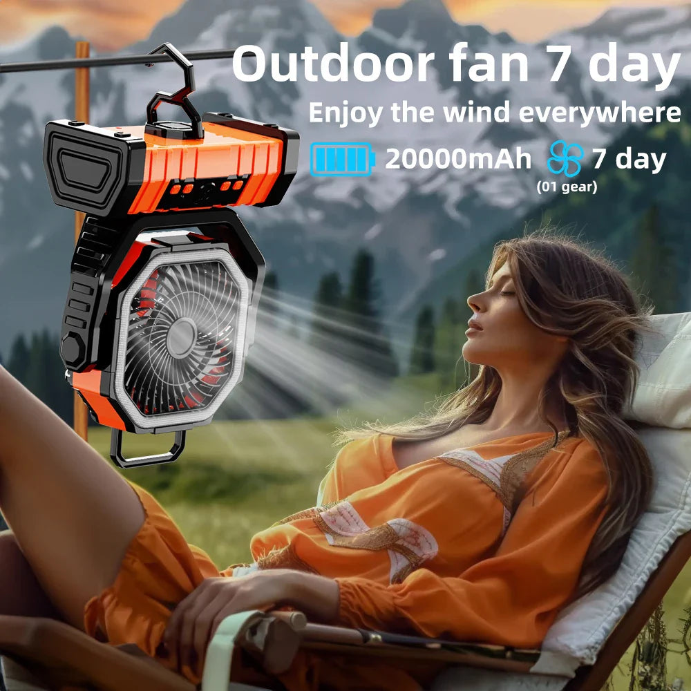 20000mAh Tragbarer Wiederaufladbarer Ventilator — Akku-Betriebene Tisch- & Camping-Lüfter mit LED-Licht & Haken für Zelt, Auto und Outdoor-Ausflüge | Brehn