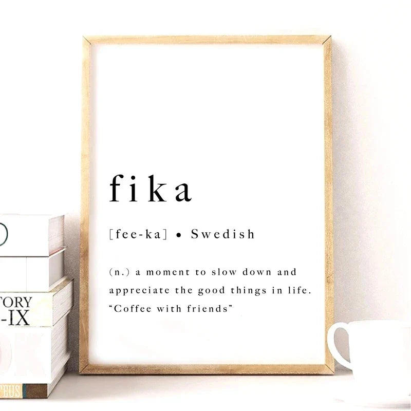 Fika Poster Schwedisches Lifestyle Zitat Schwarz Weiß Wandkunst Fine Art Leinwanddruck Inspirierende Motivierende Wanddekoration Für Modernes Wohnen | Brehn