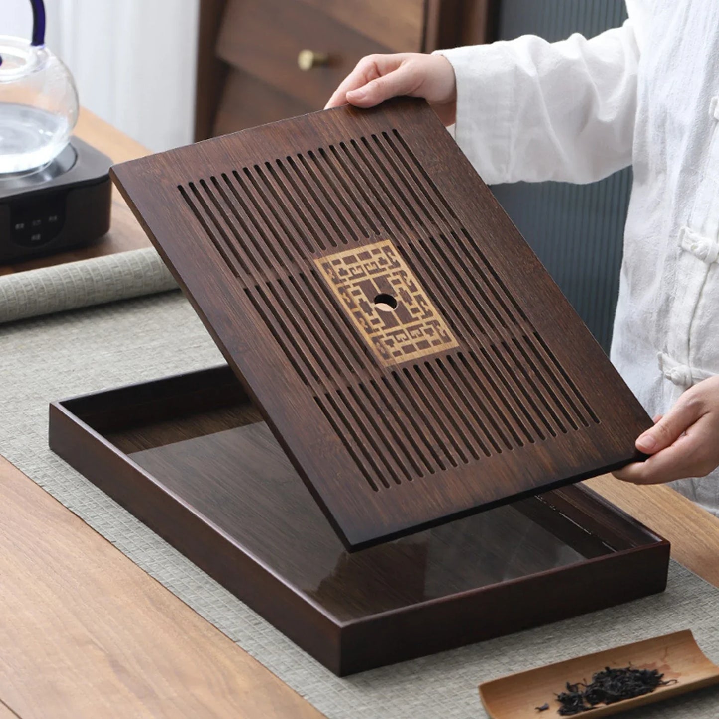 Brehn | Chinese Tea Tray with Water Storage Box Durable Simple Drainage Type Plate Tea Serving Tray for Teahouse Home Household Office