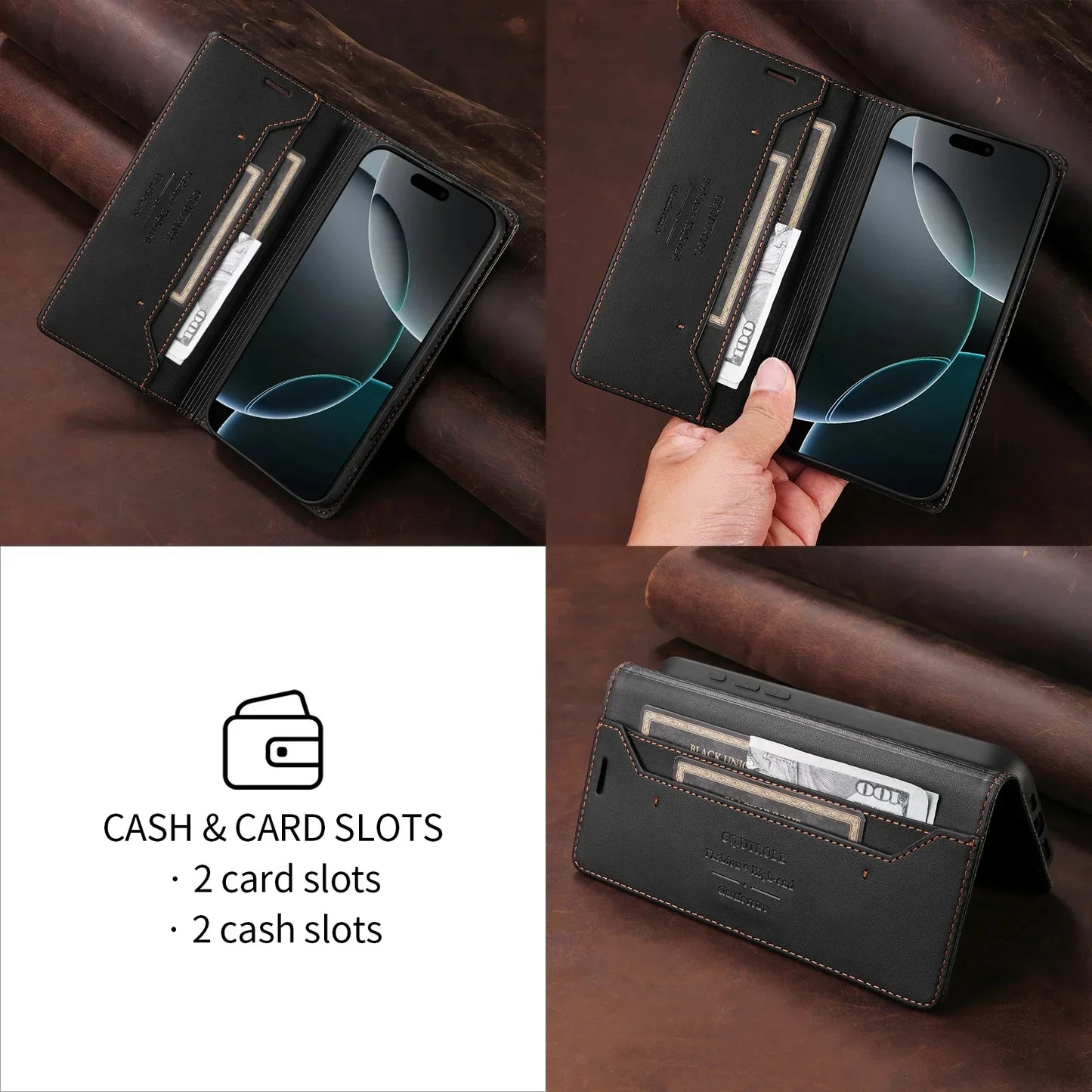 BowLift | RFID Leather iPhone 16/15 Magnetic Flip Wallet Case