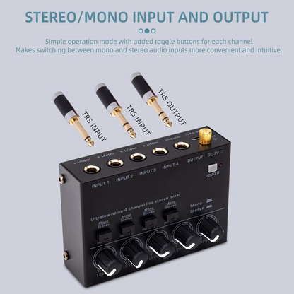Ultrakompakter 4-Kanal-Audiomixer mit geringem Rauschen und Stereo-Cinch-Ausgang