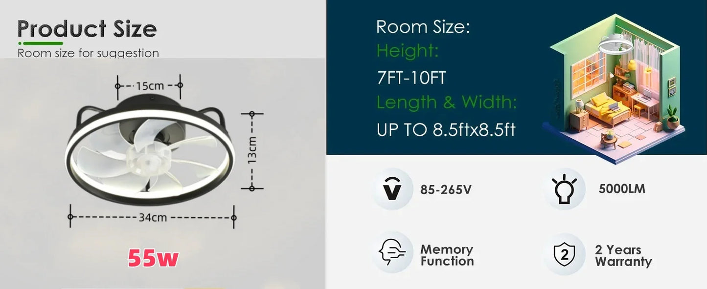 Moderner LED-Deckenventilator mit DC-Motor - 6 Geschwindigkeiten, Timer, Niedrigboden-Dachventilator, Fernbedienung Dekorative Beleuchtung | Brehn