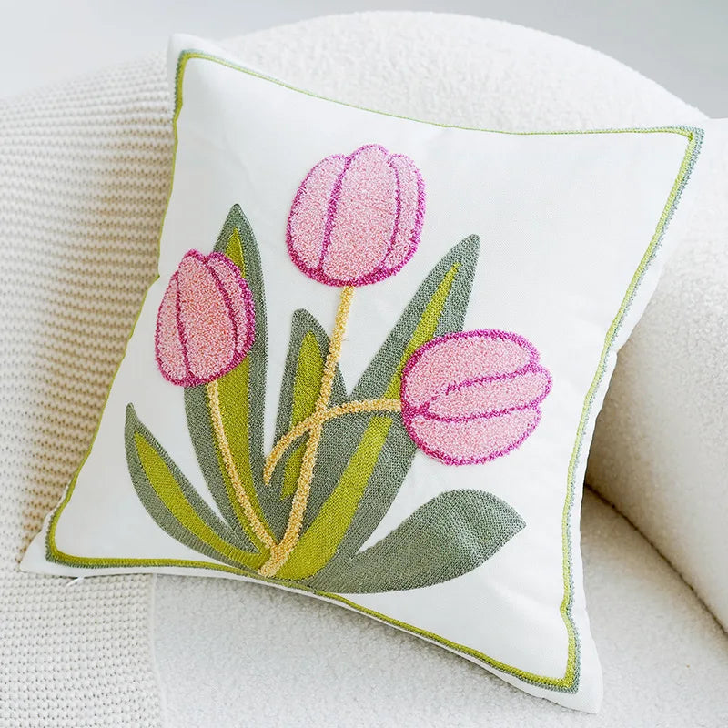 Grüner & Pink Tulpe Bestickter Kissenbezug | Brehn