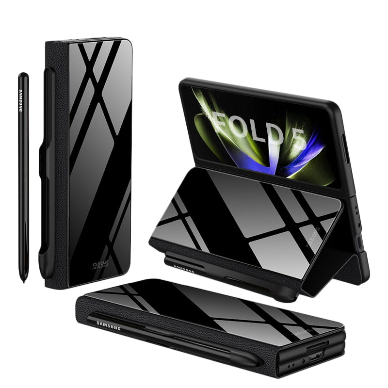 Brehn | Stoßfeste Rüstungshülle Hülle Glas Abdeckung Ständer Einfügkarte Lederhülle für Samsung Galaxy Z Fold 5/4