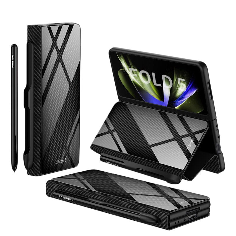 Brehn | Stoßfeste Rüstungshülle Hülle Glas Abdeckung Ständer Einfügkarte Lederhülle für Samsung Galaxy Z Fold 5/4