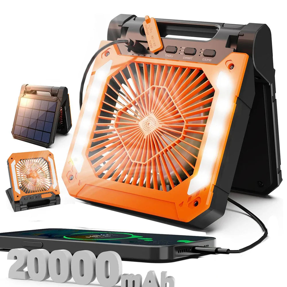 20000mAh Tragbarer Elektrischer Ventilator mit LED Licht — USB, Solar & Auto-Ladung für Camping | Brehn