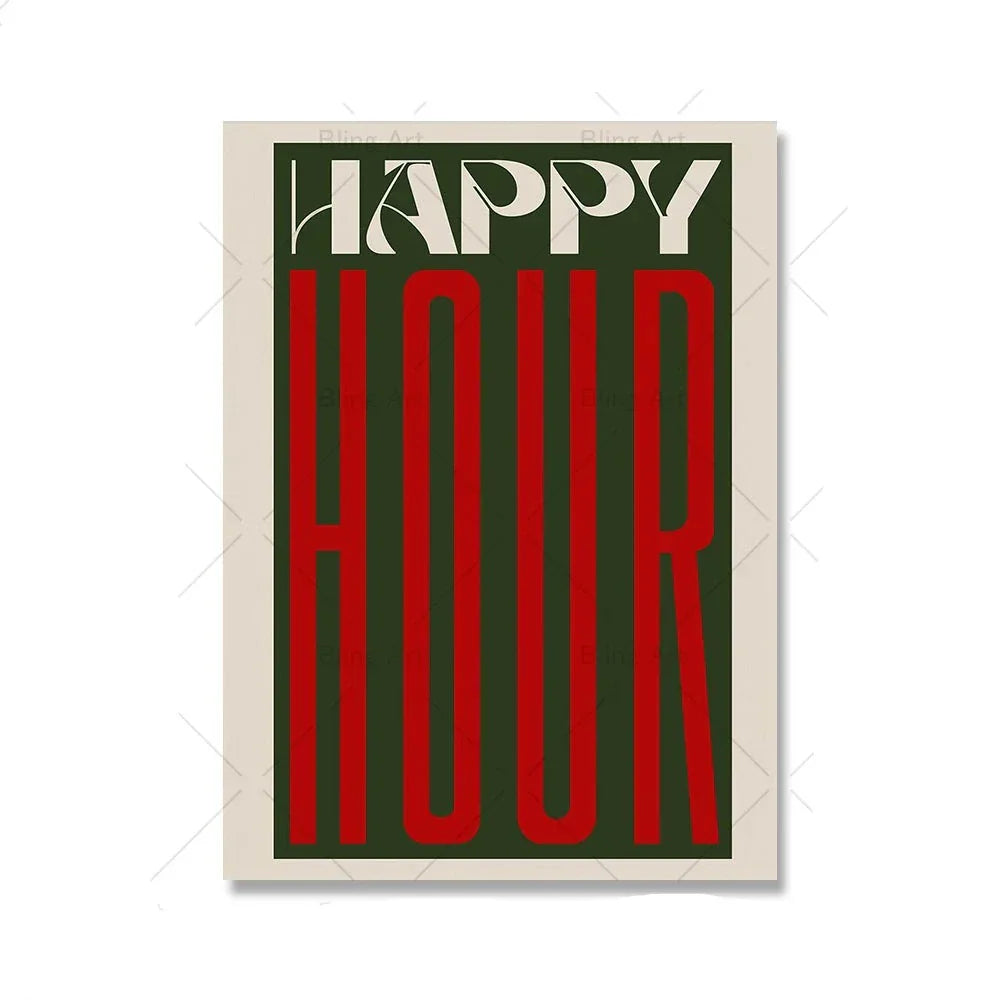 Retro Typografisch Happy Hour Bar Café Küche Wandkunst Feine Kunst Leinwanddrucke Bilder für Wohnzimmer Esszimmer Farbenfrohe Kunstdekoration | Brehn