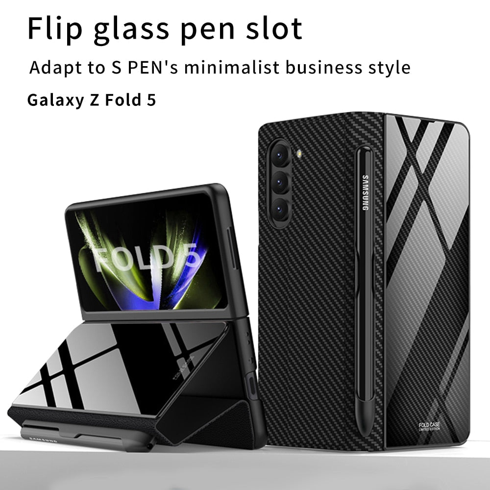 Brehn | Stoßfeste Rüstungshülle Hülle Glas Abdeckung Ständer Einfügkarte Lederhülle für Samsung Galaxy Z Fold 5/4
