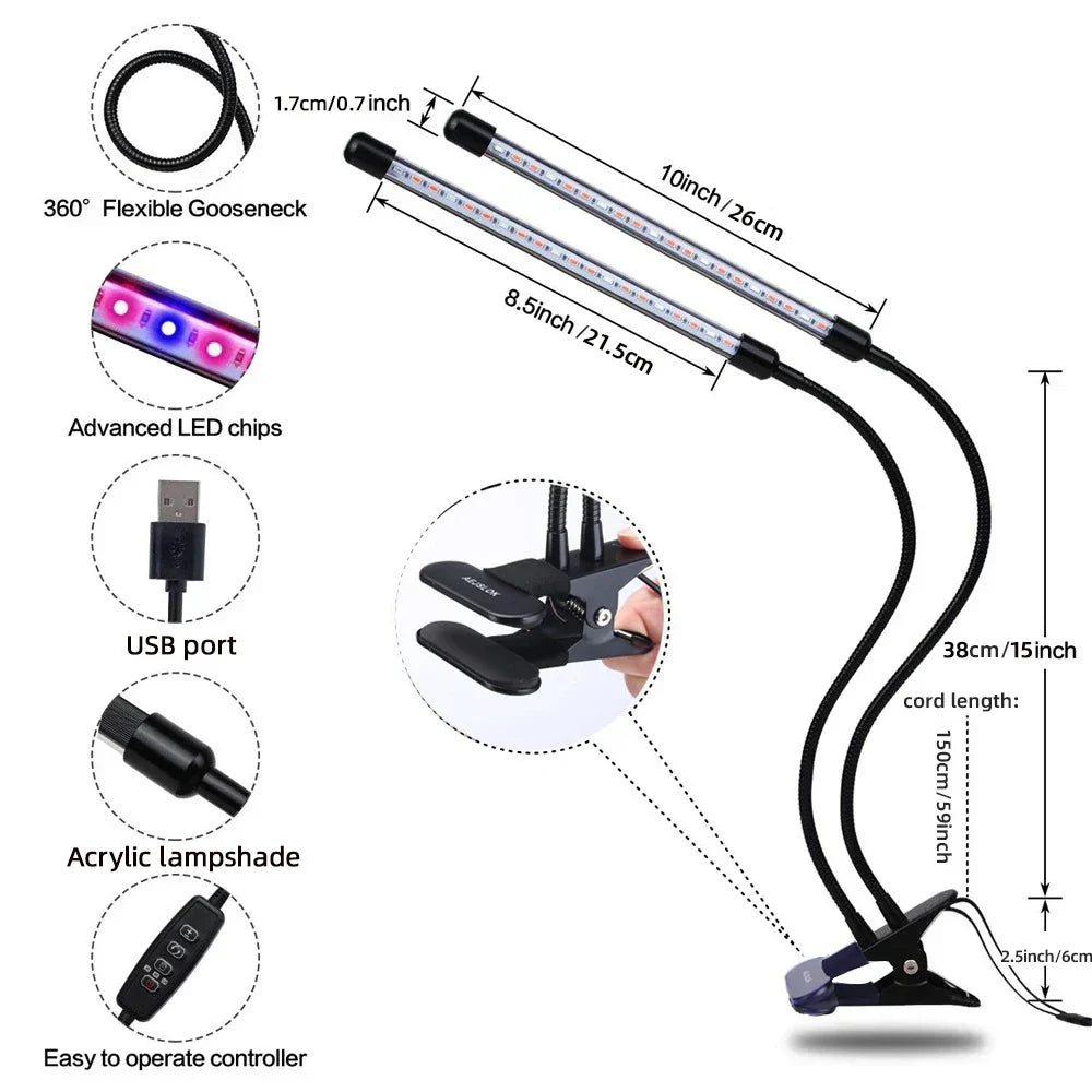 LumiPlant LED-Pflanzenlampe | USB-Pflanzenlampe | 1–4 Leuchtenköpfe | Dimmbar mit Timer