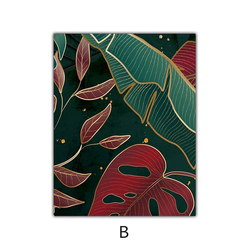 Moderne abstrakte tropische Botanik Wandkunst Fine Art Leinwanddrucke Rote grüne Palmenblätter Poster Bilder für Wohnzimmer Hotelzimmer Dekoration | Brehn