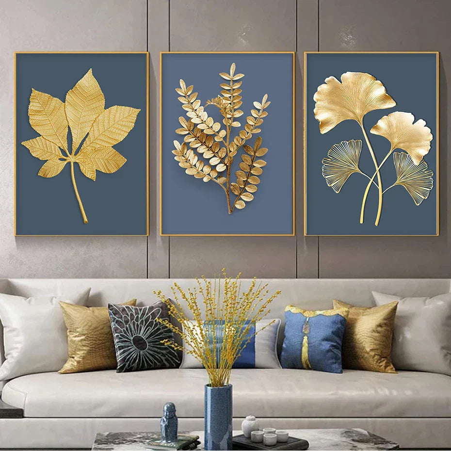 Blaue Minimalistische Goldene Abstrakte Florale Wandkunst Feine Kunst Leinwanddrucke Bilder Für Luxuriöses Wohnzimmer Esszimmer Home Office Kunst Dekor | Brehn