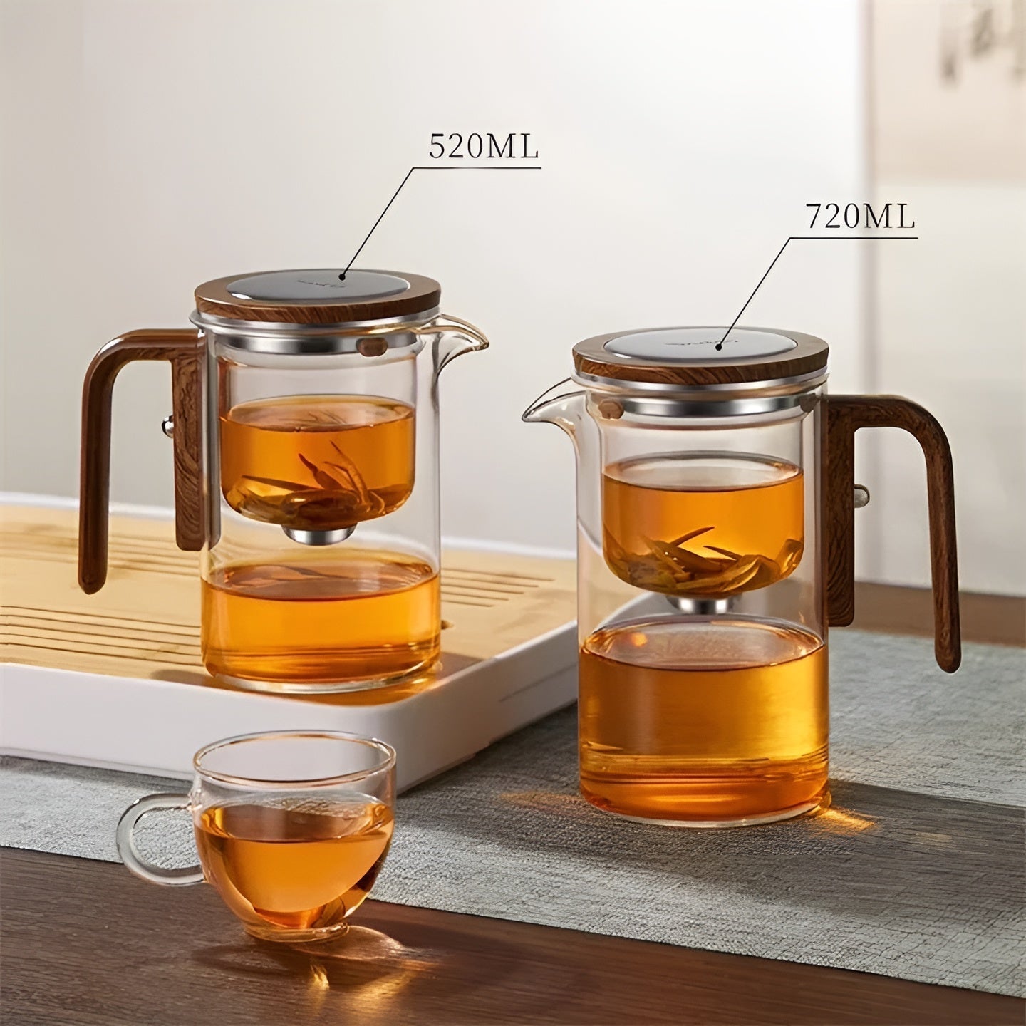 Teekanne aus Glas mit Holzgriff – Filter mit einem Klick | Ideal für loses Tee und Pu-Erh-Tee