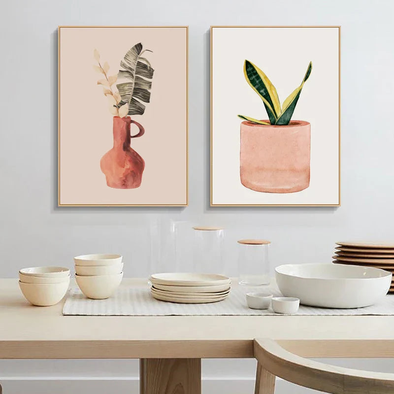 Minimalistische Aquarell-Kaktus Pflanze mit Topf Grüne Blätter Wandkunst Feine Kunst Leinwanddrucke Bilder für Esszimmer Wohnzimmer Kunst Dekor | Brehn