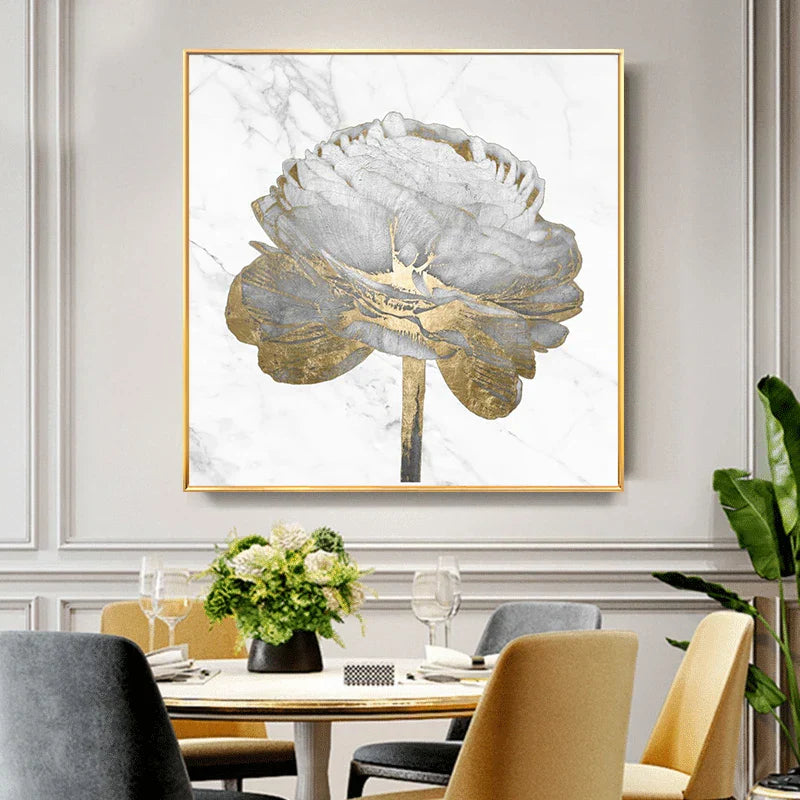 Moderne abstrakte Blumen Wandkunst Fine Art Leinwanddrucke quadratisches Format weiße goldene Blumenbilder für Wohnzimmer Schlafzimmer Kunstdekoration
