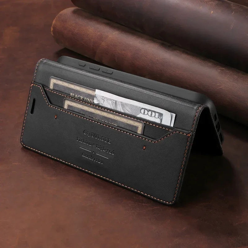 BowLift | RFID Leather iPhone 16/15 Magnetic Flip Wallet Case