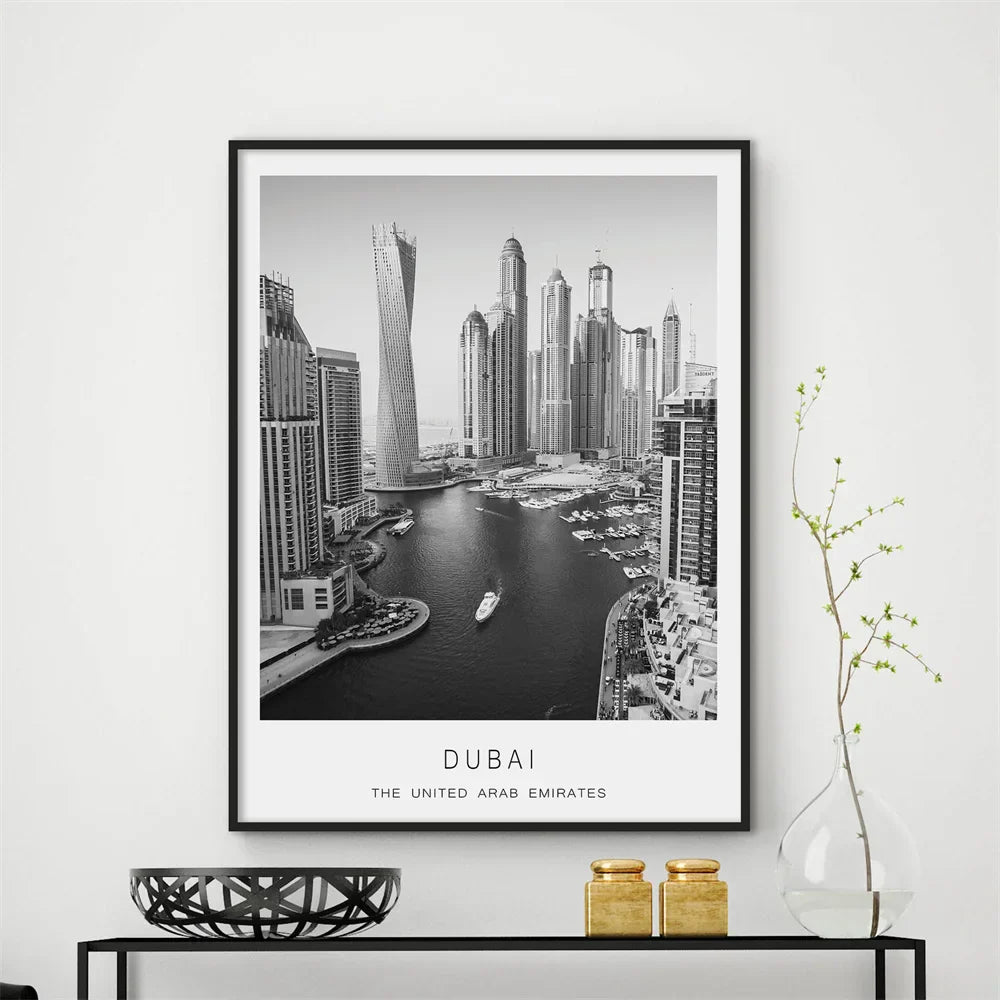 Dubai Skyline Poster Internationale Reisen Wandkunst Fein Kunst Leinwanddrucke Schwarz Weiß Bilder Für Wohnzimmer Esszimmer Heim Büro Kunst Dekor | Brehn