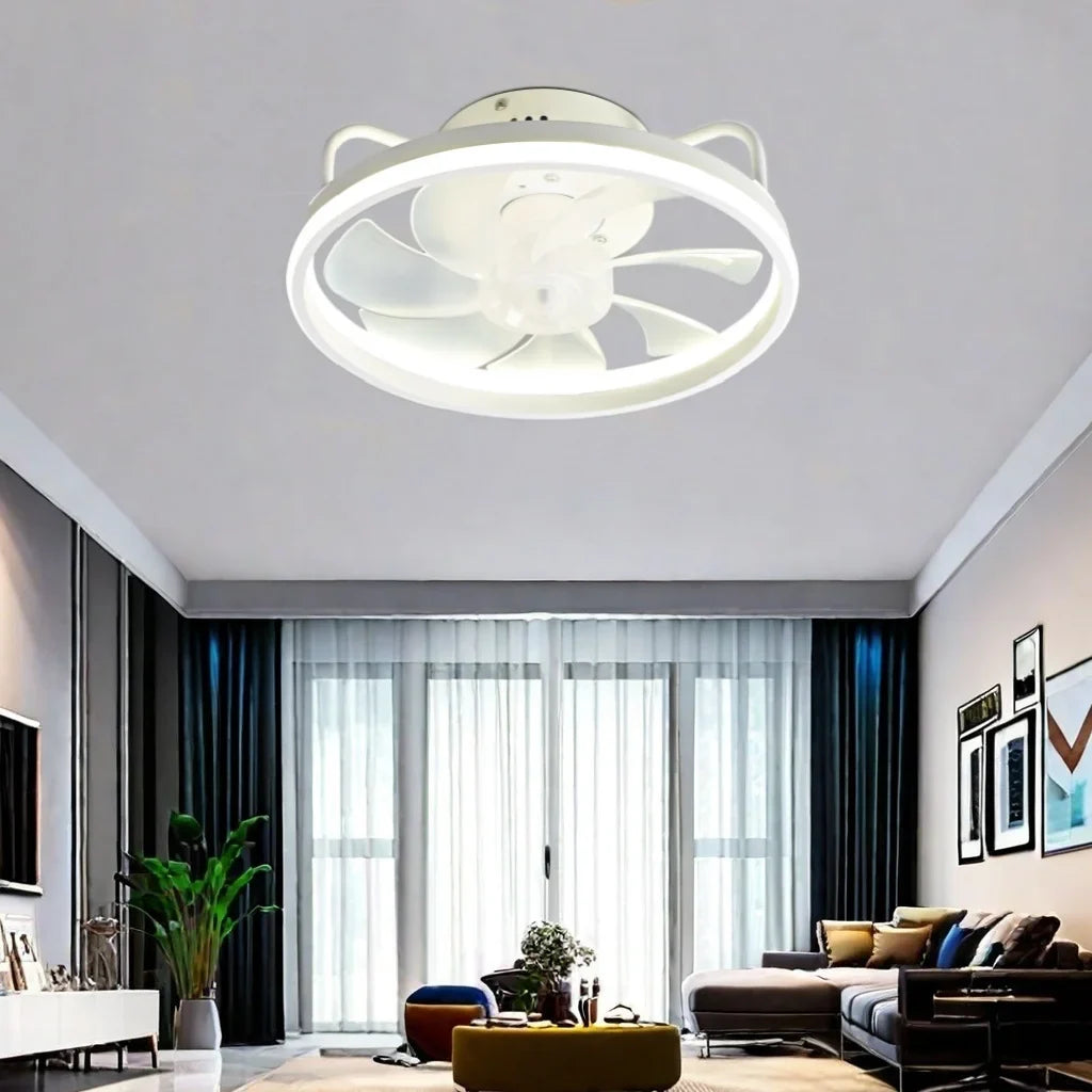 Moderner LED-Deckenventilator mit DC-Motor - 6 Geschwindigkeiten, Timer, Niedrigboden-Dachventilator, Fernbedienung Dekorative Beleuchtung | Brehn