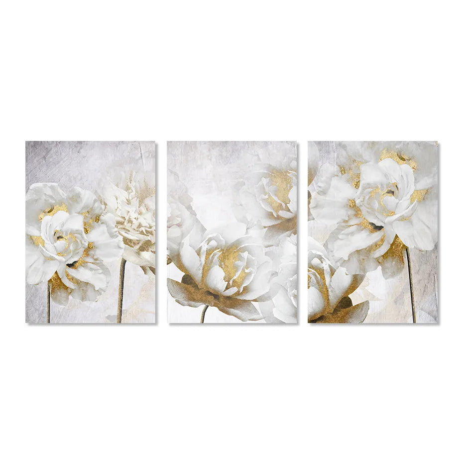 Opulente Blüten Elegante Weiße Blumen mit Goldakzenten Leinwand Wandkunst Feine Kunstleinwand Drucke Poster Florale Bilder Für Modernes Wohnzimmer | Brehn