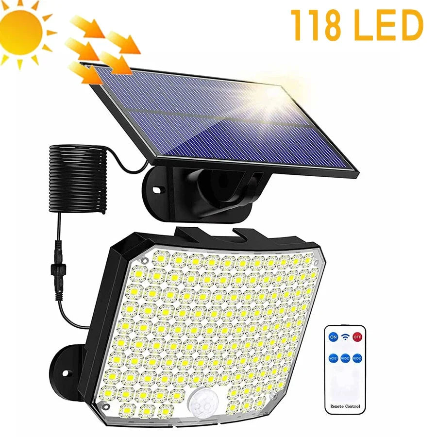 Brehn | Solvalux Solar Wandleuchte mit Bewegungsmelder | 192 LEDs | Abnehmbares Solarpanel mit 5 m Kabel | 4 Modi & Fernbedienung | IP65 Wasserdicht