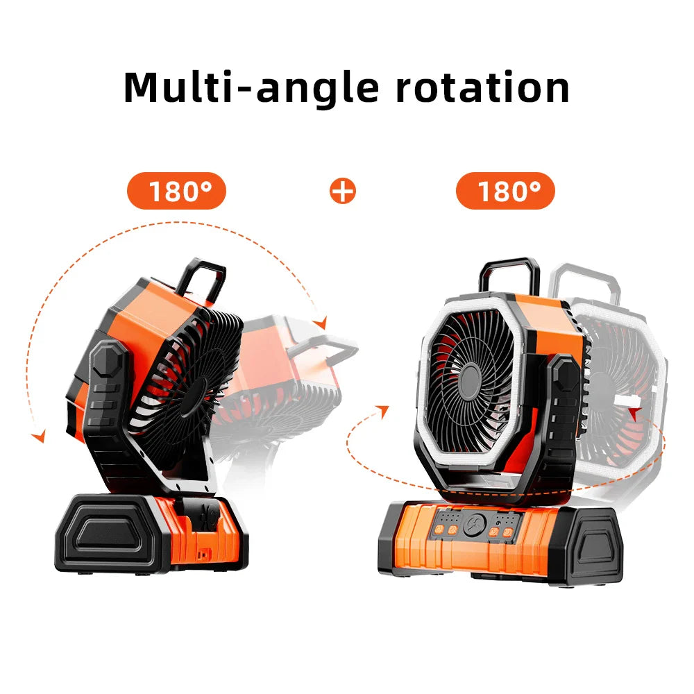 20000mAh Tragbarer Wiederaufladbarer Ventilator — Akku-Betriebene Tisch- & Camping-Lüfter mit LED-Licht & Haken für Zelt, Auto und Outdoor-Ausflüge | Brehn