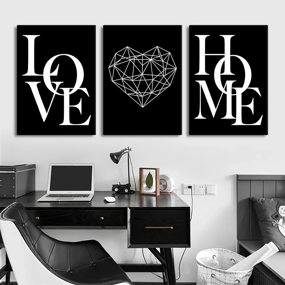 Set aus 3 Stück Geometrische Liebe Zuhause Herz Wandkunst Feine Kunst Leinwanddrucke Schwarz Weiß Minimalistische Poster Bilder Für Wohnzimmer Schlafzimmer Kunst Dekor | Brehn
