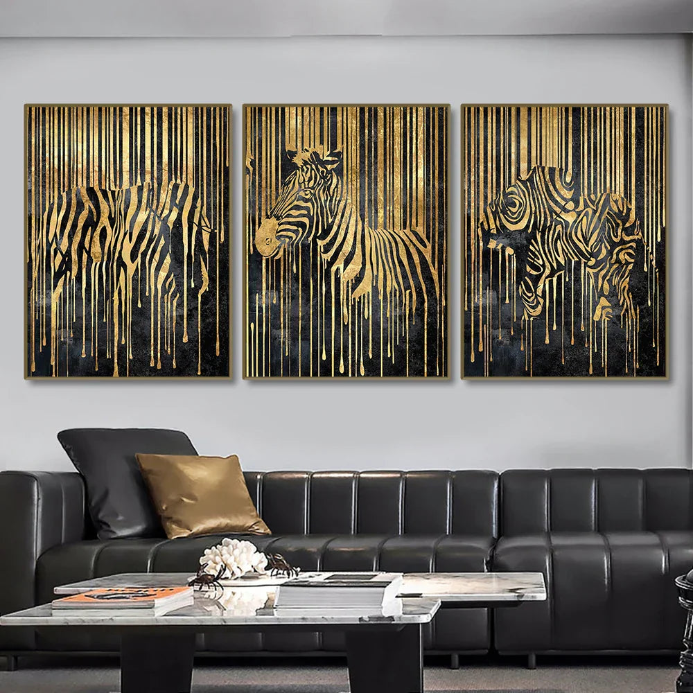Moderne abstrakte goldene Zebra-Linien Löwe Elefant Tiger Wandkunst Fein Kunst Leinwanddrucke Bilder für luxuriöse Wohnung Wohnzimmer Esszimmer Kunstdekoration | Brehn