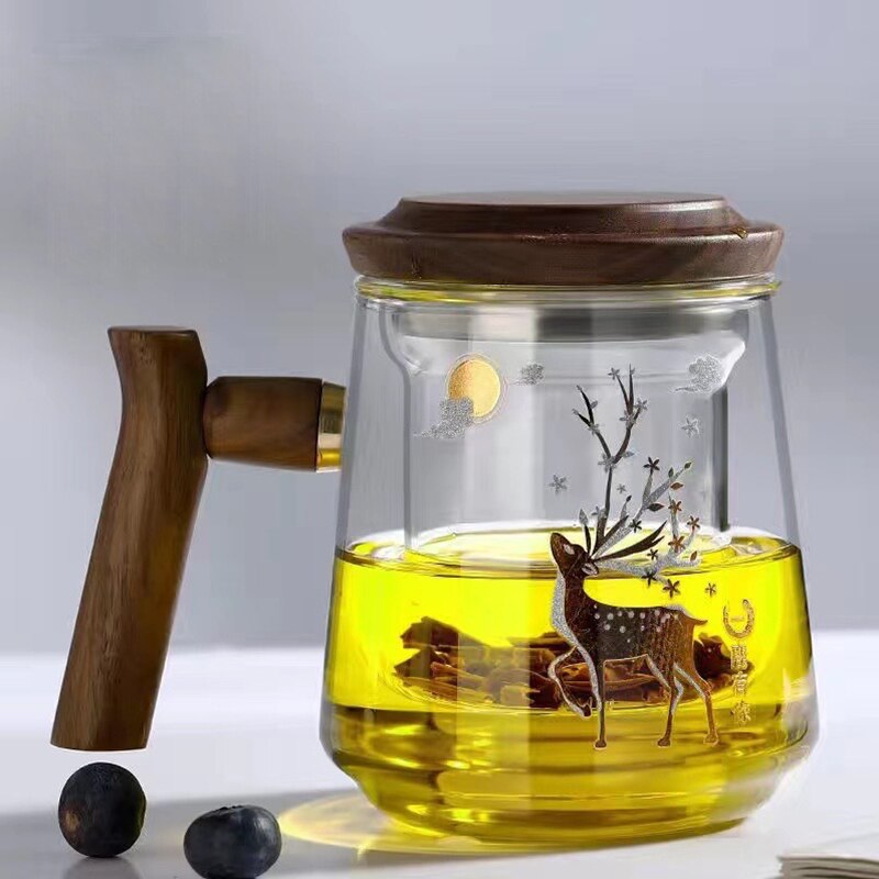 Premium Glas Teetasse mit Filter und Holzgriff, 470ml