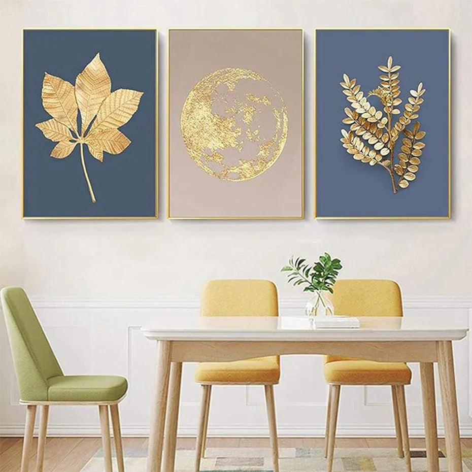 Blaue Minimalistische Goldene Abstrakte Florale Wandkunst Feine Kunst Leinwanddrucke Bilder Für Luxuriöses Wohnzimmer Esszimmer Home Office Kunst Dekor | Brehn