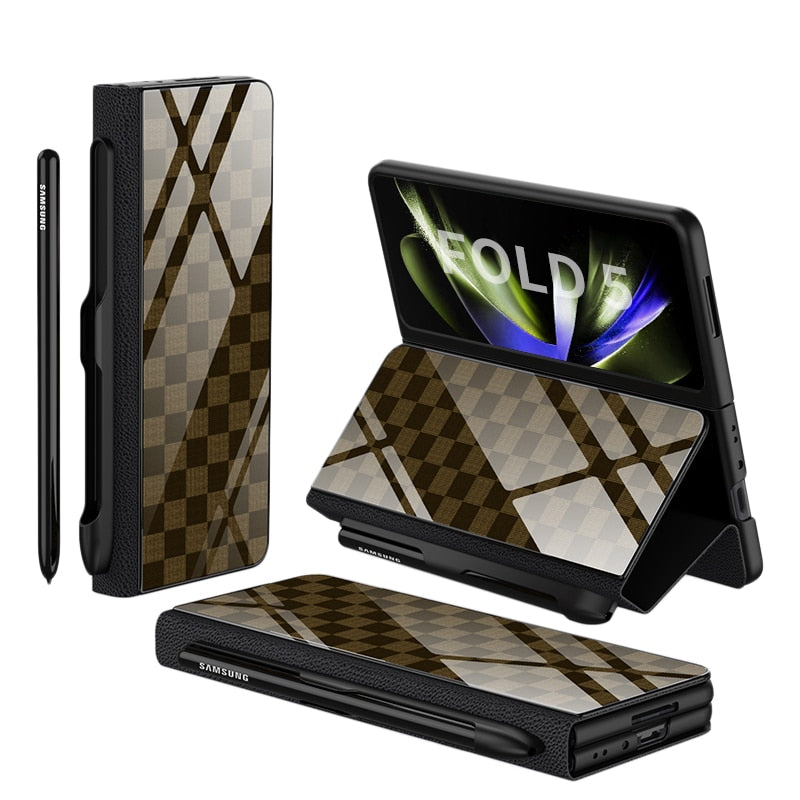 Brehn | Stoßfeste Rüstungshülle Hülle Glas Abdeckung Ständer Einfügkarte Lederhülle für Samsung Galaxy Z Fold 5/4
