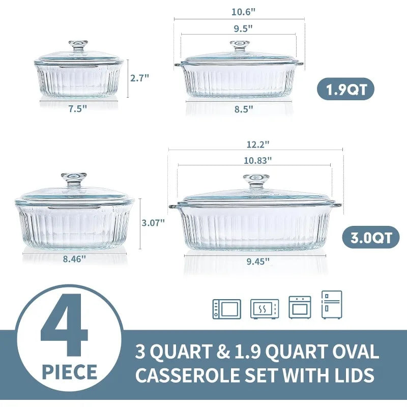 4-teiliges Glasbackform-Set mit 2 Backformen mit Glasdeckeln, 1,9 l und 3 l