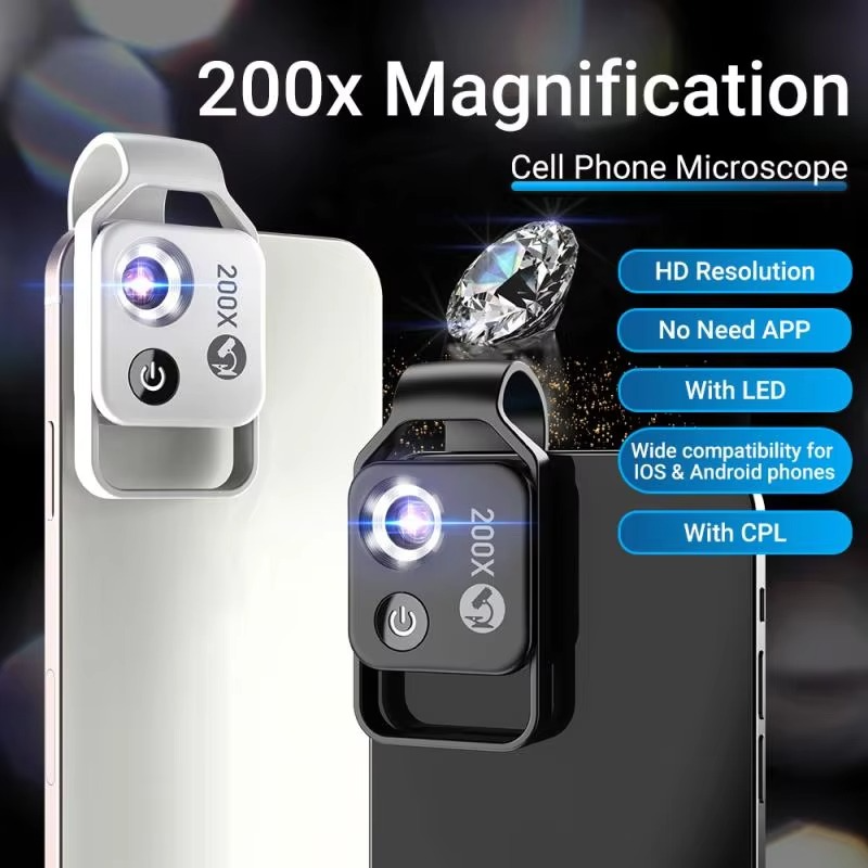 Professionelles 200-fach Zoom-Mikroskopobjektiv für Smartphones mit Clip