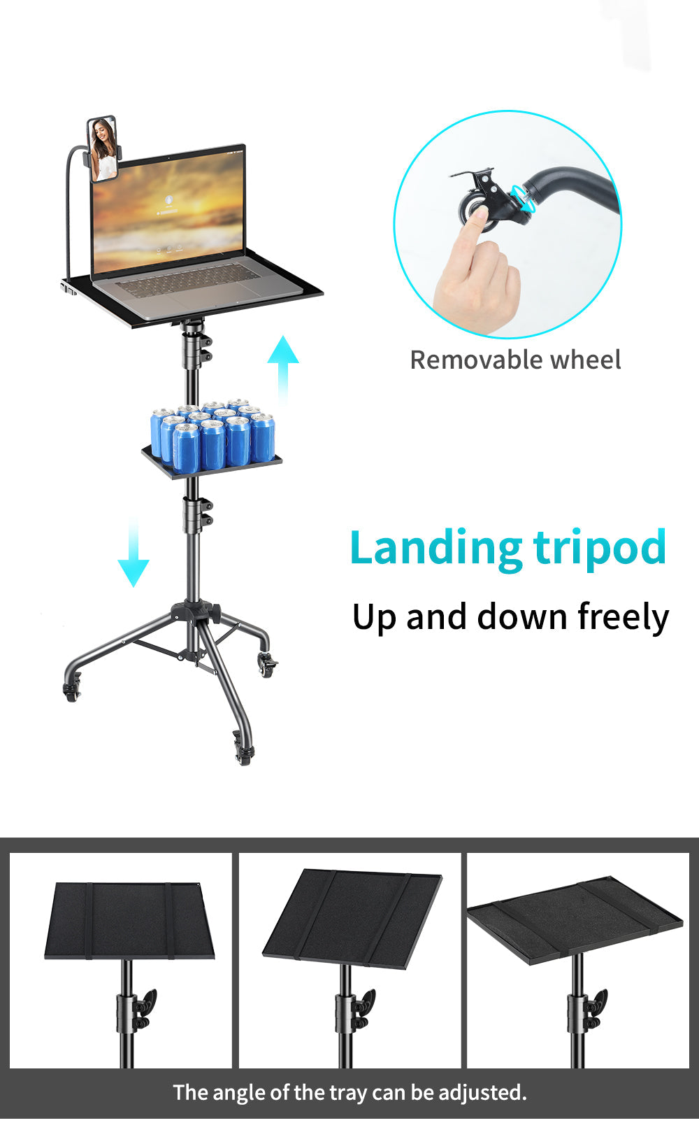 Verstellbarer klappbarer Laptop-Tischständer mit abnehmbaren Rädern und 2 Tabletts für Komfort überall Brehn