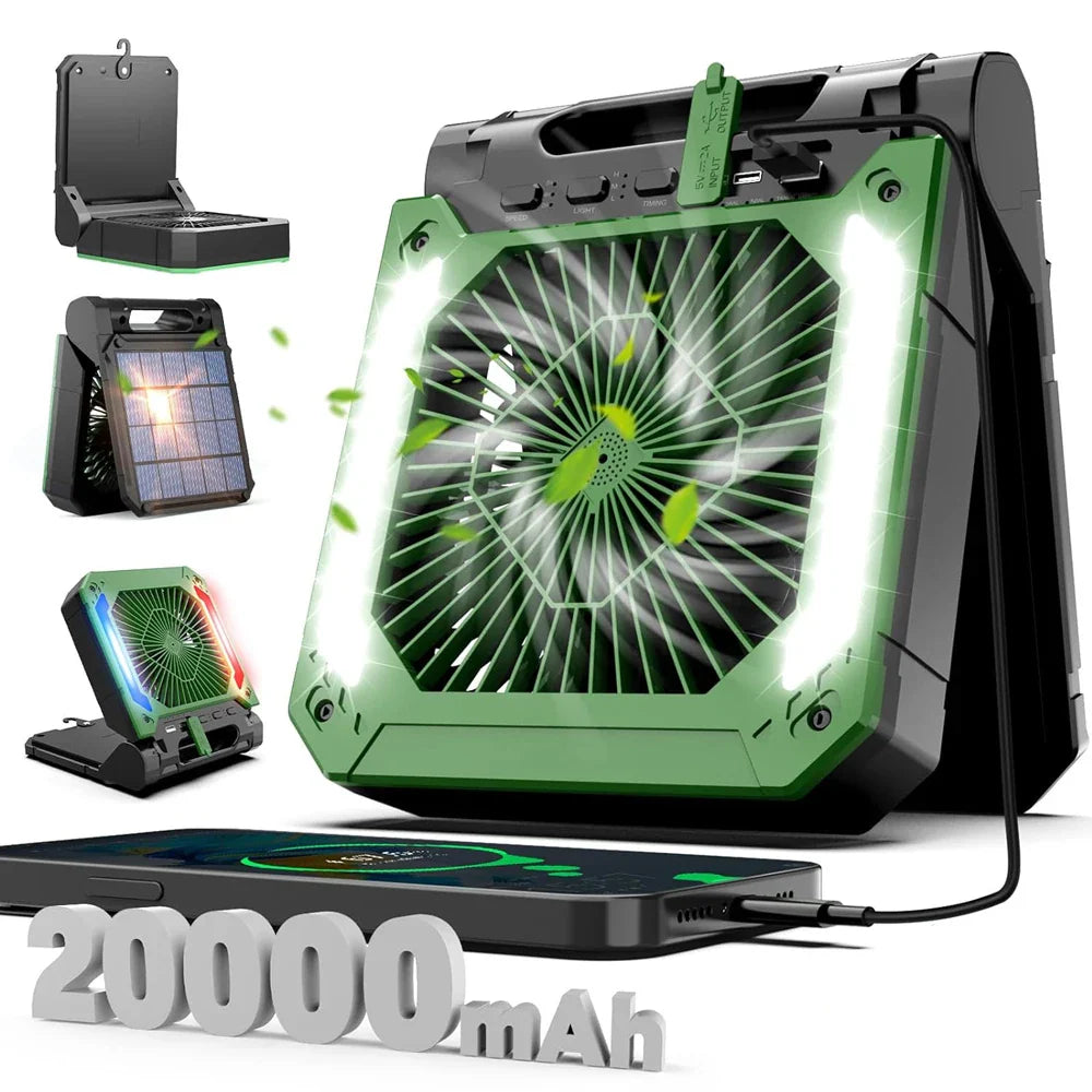 20000mAh Tragbarer Elektrischer Ventilator mit LED Licht — USB, Solar & Auto-Ladung für Camping | Brehn