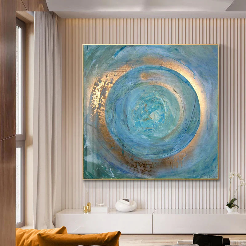 Blaue Goldene Wirbel Kreiss Wandkunst Feine Kunst Leinwanddrucke quadratisches Format Abstrakte Bilder für Wohnzimmer Schlafzimmer Home Office Kunst Dekor | Brehn