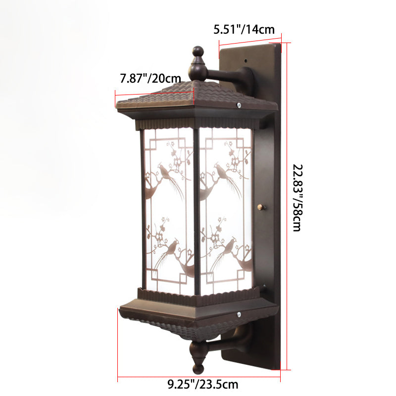 Traditionelle chinesische rechteckige Aluminium-Glas-Solar-LED-Wandleuchte für Garten | Brehn