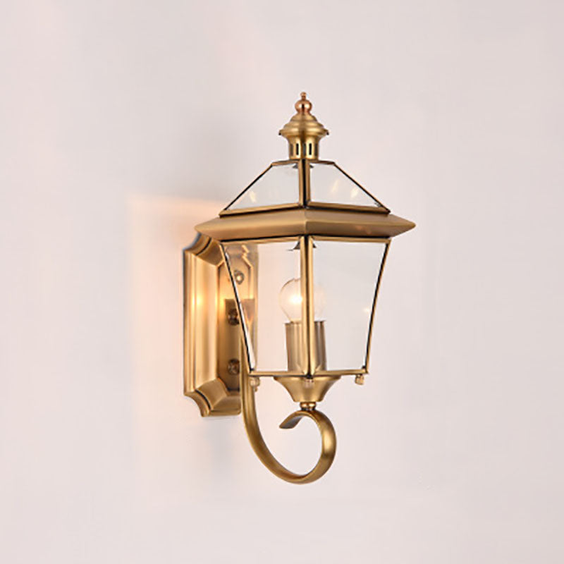 Europäischer moderner Luxus viereckiger Messing-Glas wasserdichter 1-Licht Außenwand-Lampe | Brehn