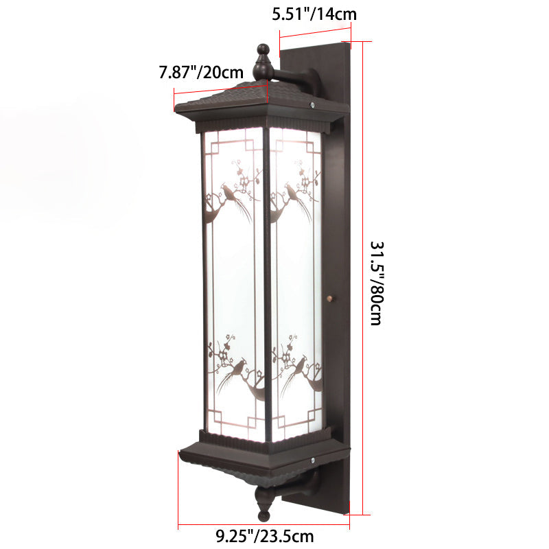 Traditionelle chinesische rechteckige Aluminium-Glas-Solar-LED-Wandleuchte für Garten | Brehn