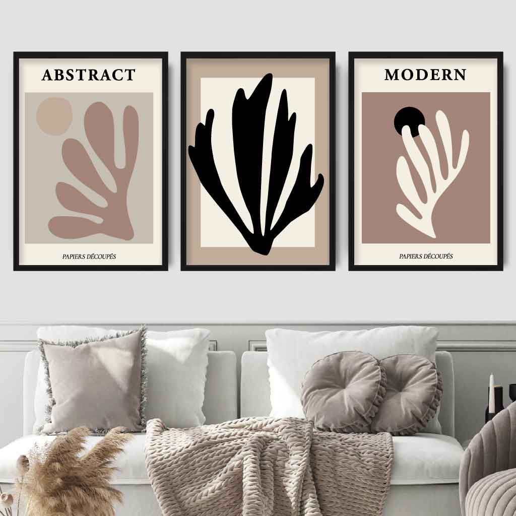 Abstraktes modernes Wandbild-Set im Matisse-Stil, Schwarz, Beige, 3er-Set