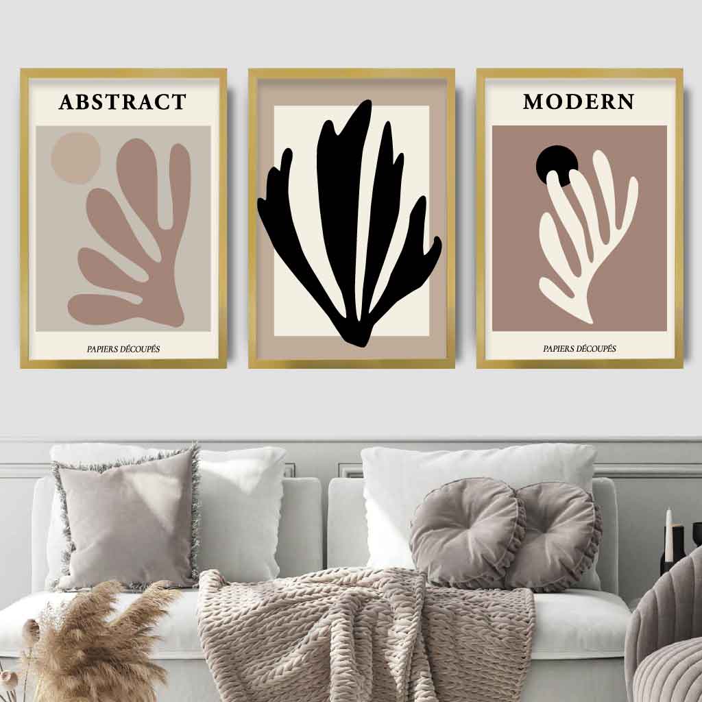 Abstraktes modernes Wandbild-Set im Matisse-Stil, Schwarz, Beige, 3er-Set