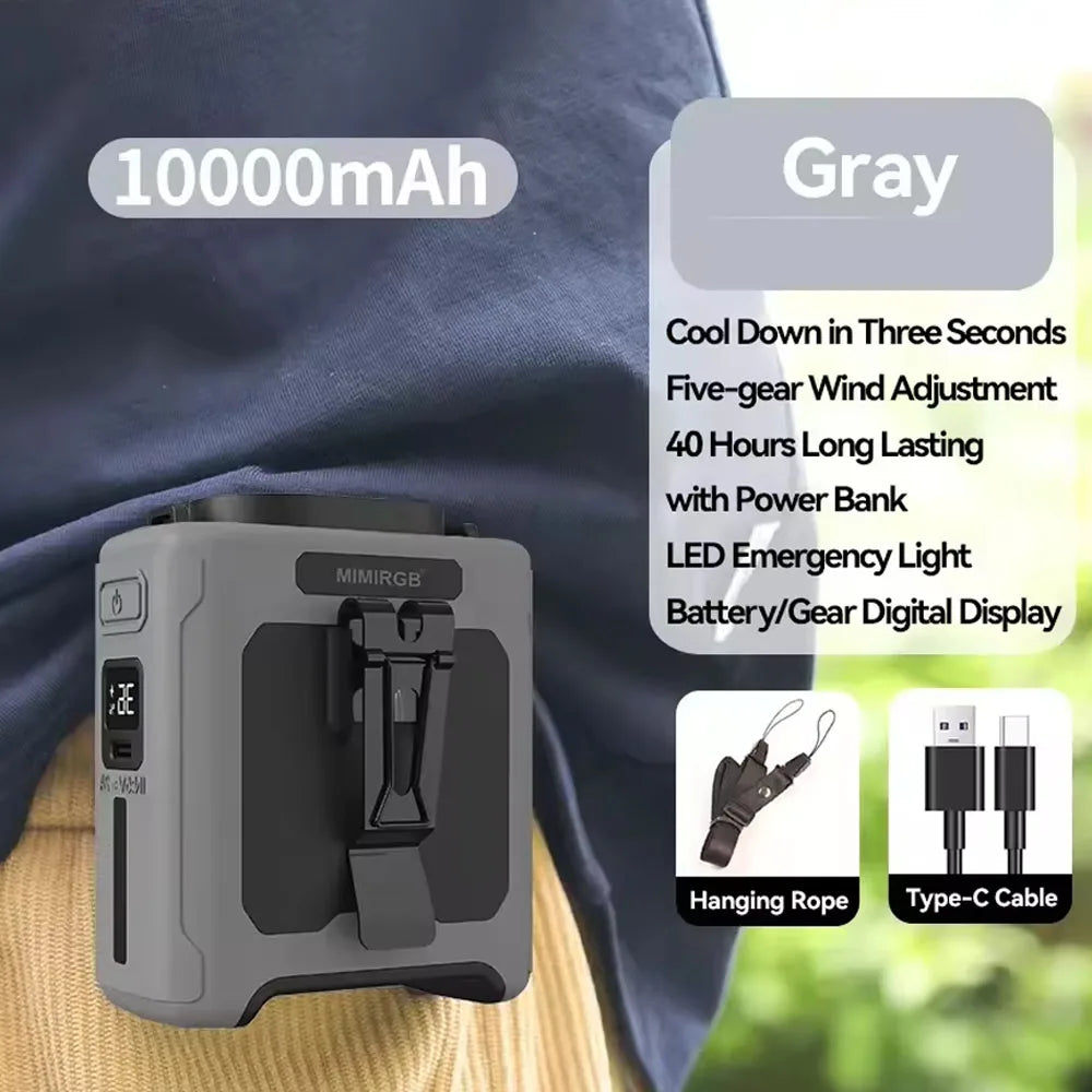 10000mAh Taillenklem Ventilator mit Power Bank – Tragbarer Freisprech-Akku Ventilator | 5-Geschwindigkeits-Kühlung, Batteriestatusanzeige, USB-Ladung, Tragbarer Ventilator für den Außenbereich | Brehn
