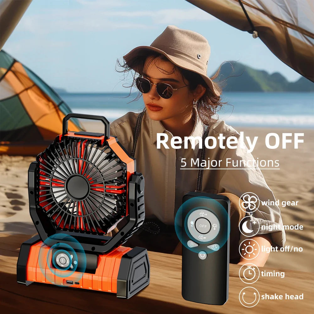 20000mAh Tragbarer Wiederaufladbarer Ventilator — Akku-Betriebene Tisch- & Camping-Lüfter mit LED-Licht & Haken für Zelt, Auto und Outdoor-Ausflüge | Brehn