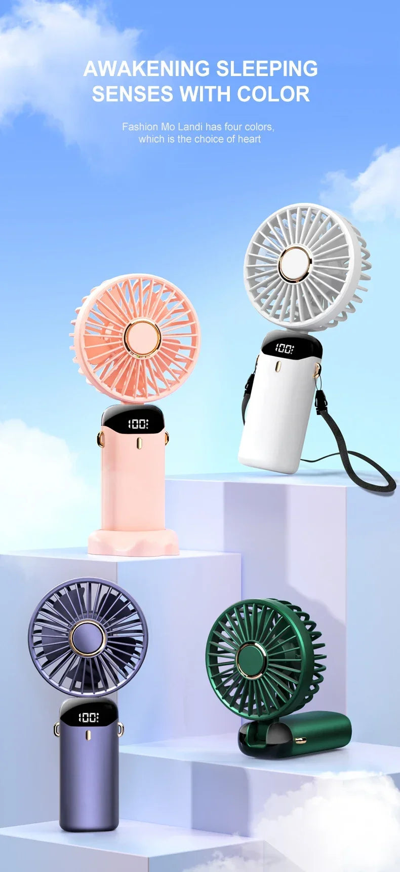 5000mAh Handheld Mini Ventilator – Kabelloser USB wiederaufladbarer tragbarer Ventilator mit digitaler Anzeige, Telefonhalter, 5-Geschwindigkeits faltbarer Nacken-Hängevantilator | Brehn