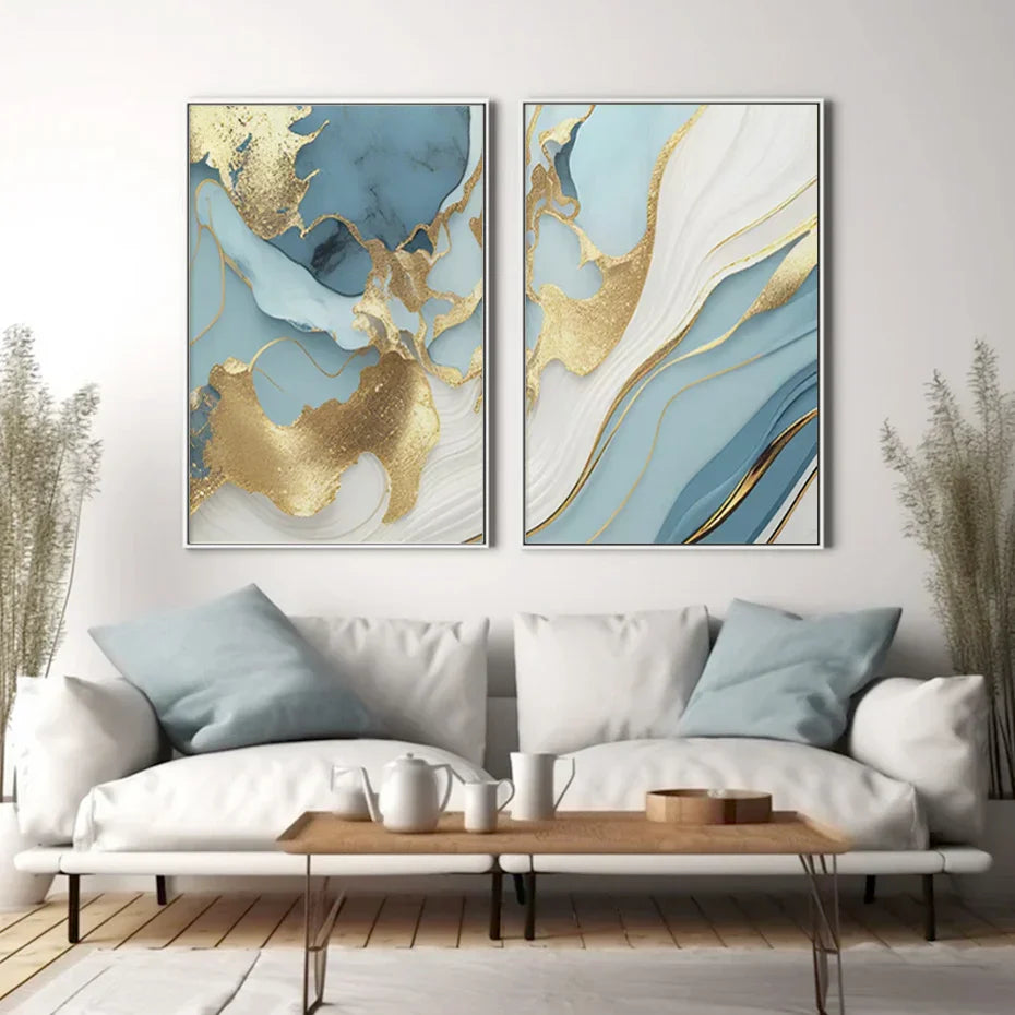 Modern Abstract Golden Blue Liquid Marble Print Wandkunst Fine Art Leinwanddrucke Bilder für Wohnzimmer Schlafzimmer Nordische Wohnkultur | Brehn