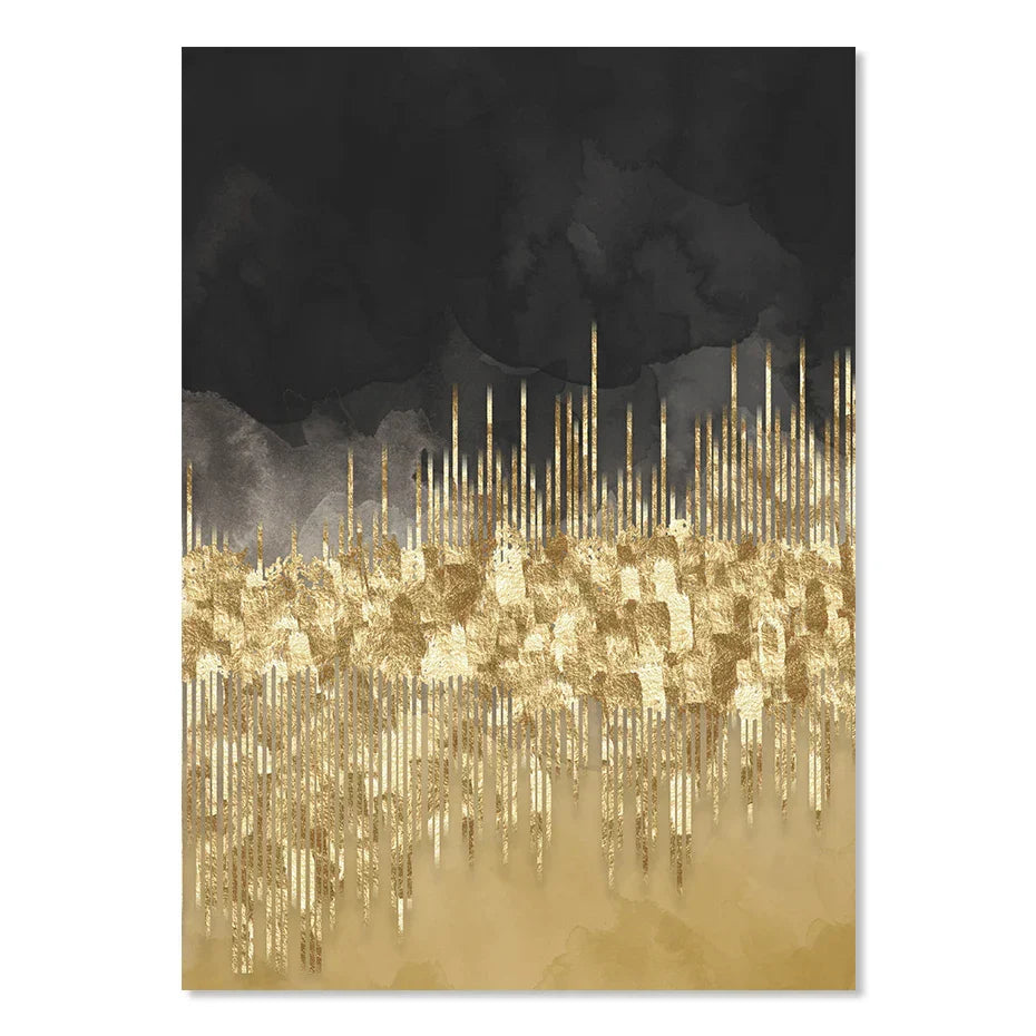 Abstrakte goldene Stadtlandschaft auf schwarzem Aquarell-Leinwanddruck Wandkunst leichte Luxusbilder für Wohnzimmer Schlafzimmer Home Office Dekor | Brehn